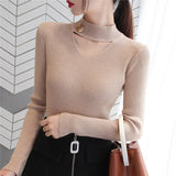 Casual Pullover Sweaters Women Knitted Autumn Winter Half Turtleneck Hollow Jumper Femme Pull Knit Top White Mujer