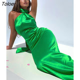 Elegant Satin Backless Maxi Dress Women Green Summer Halter Sleeveless Backless Bodycon Long Club Party Evening