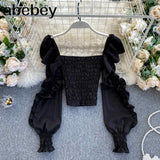 New Spring Autumn Fashion All-match Ruffle Blouse Hollow Out off shoulder long sleeve ruched slim Shirt