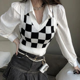 Y2K Black White Plaid Cropped Sweater Vest Women Korean Fashion Oversize V-neck Checkered Knitted Jumper Female