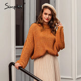 Winter lantern sleeve knitted sweater pullover Women loose round neck red sweater Female autumn casual sweater
