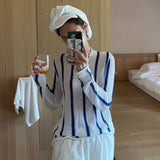 Lazy Style Jumpers Korean Fashion Hollow Out Tops See Through Pullovers Casual Striped Knit Sweaters Chic
