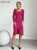 Puff Sleeves Elegant Evening Dress Pink Square Collar Split Ruched Dress Lace-Up Party Midi Dress Fall Winter
