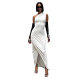 Summer New Women's Pure Color Dress Casual Collar Sleeveless Single-Shoulder