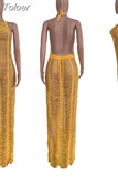 Crochet Knit Beach Long Dress for Women Summer Halter Neck Backless See Through Robe Elegant Solid Holiday Vacation