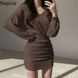 2023 Korean Mini Dress Women Sexy V Neck Sweater Fashion Elegant Bodycon Dresses Long Sleeve Pleated Robe Knit
