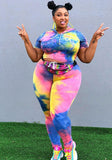 Printed Casual Hooded Short Sleeves High Waist Tie Dye Skinny Plus Size Two Piece Pants