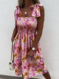 Women Summer Flower Print A-Line Dress with Pockets Shrinkage Designer Sling Square Collar Sleevelss Slim Midi