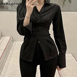 Blouses for Women Slim Waist Folds Vintage Shirts Turndown Collar Long Sleeve Slim Fit Fashion Tops 2023 Vestidos De