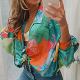 New Printed Lantern Long Sleeve Blouse 2023 Summer Fashion Casual Lapel Top Shirt Female Breathable Chiffon Cardigan 319-1-Outfit