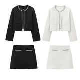 Spring Long Sleeve Water Drill Decoration Short Rough Spinning Ring Velvet Jacket Mini Skirt Suit