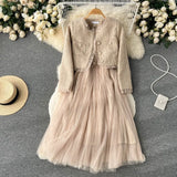 And Winter Small Fragrant Style Set Of Women's Short Cardigan Coat + Sling Net Yarn Dress Two
