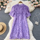 Straight Summer Women Lace Dress 2022 Zipper Sexy Hollow Out Slim Vacation Ladies French Style Midi