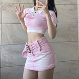 Pink Sexy Girl Jean Skirt Women Summer Y2k Belt Cute Low Waist A-line Slim Denim Mini Skirt Korean Style