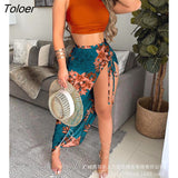 Women Print Vest Split Skirt Two Piece Set Fashion Casual O Neck Short Top High Waist Skirt Suit 2023 Summer Elegant