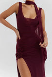 Burgundy Sleeveless Mesh Slit Drape Midi Dress-Outfit