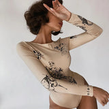 Sexy Fashion Summer Women Long Sleeve Skinny Bodysuits Graphic Print o-Neck Elastic Hight Sporty Streetwear Slim
