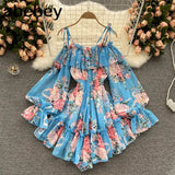 Women Off Shoulder Strap Dress Slash Neck Puff Sleeve Wide Leg Jumpsuits Summer Bohemian Print Vacation Short