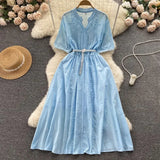 Fashion Embroidery Midi Long Dress Lapel V Neck Pearl Belt Ruff Sleeve Ladies Elastic Waist Sweet Beach Summer