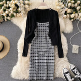 Autumn Plaid Knitted Two Pieces Suits Women Long Sleeve Knit Cardigan+Slim Short Camis Dress Sweater Dress Sets