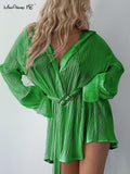 Drape Elegant Women Pleated Dress Long Sleeve Green Shirt Dress With Sashes Lapel 2022 Loose Dresses Female