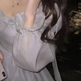 Square Neck Puff Sleeves Glossy Dress Women Casual Long Sleeve Vintage Y2k Bow Mini Dress 2022 Spring Korean Party