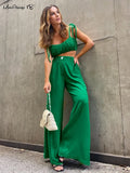 Cotton Women Summer Green Outfit Sleeveless Crop Top And Palazzo Pants 2 Piece Set Female Midriff Top Trousers