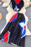 Print Women T Shirt Suit Top + Midi Long Large Swing Pleated Skirt Set For Woman Summer Clothing fashion Two Piece