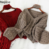 Winter Twisted Pullover Sweaters Female Knit Long Sleeve V Neck Crop Sweater Tops Korean Y2K Halter Jumper Pull