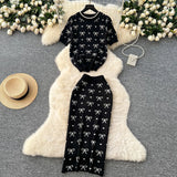 Suit Women's 2025 Summer High-End Round-Neck Short-Sleeved Bow Print Top High-Waisted Hip