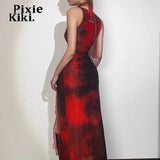 Red Print Mesh Sheer Asymmetric Dress Sexy Frill High Split Strapless Long Dresses for Women Club Outfit 2023