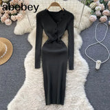 Hollow Out Women Korean Knitted Dress Long Sleeve Elastic Slim Pencil Dresses 2022 Autumn Sexy Bodycon Sweater