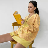 Free Shipping V-Neck Lantern Long Sleeve Cardigan Women Knitted Printed Oversized Sweater 2022 Fall New Single-Breasted