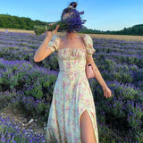 Dress Women Flroal Printed Maxi Dresses Short Puff Sleeve Drawstring Ruched Party High Split Vestidos Long Sexy