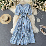 Sweet Floral Dress Women V Neck Puff Sleeve Single-Breasted Belt Dress Summer Bohemian Print A-line Midi