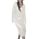 Knit Dress Women 2000s Solid Color Hollow Out Deep V Neck Long Sleeve Backless Bodycon Dress Holiday Beach Party