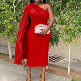 Women's Autumn Fashion Slanted Shoulders Solid Color Pressure Folded High Waist Tight Body Dress African