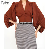Elegant V Neck White Women Blouse Lantern Sleeve Shirt Top Female Tunic Button Down Chic Casual Wine Red Blouse Ladies