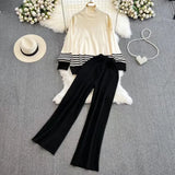 Version Of Casual Fashion Knitting Suit Women's Autumn And Winter Loose Long Sleeves Bumper Tops High Waist Thin Legs Long
