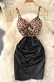 V-neck Spaghetti Strap Night Out Club Mini Dress Open Back Sleeveless Twist Front High Waist Leopard Print Party Dress