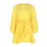 Casual Print Dress For Women O Neck Long Lantern Sleeve Bandage Bow High Waist A Line Dress Female Fashion New 2023