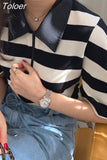 Women Clothing Korean Chic Tshirts Fashion Striped Puff Sleeve Half Zipper Tees Y2k Tops Loose Casual Vintage Summer