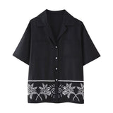 Summer New Women's Collar Short-Sleeved Embroidered Shirt Tight High-Rise Straight Trouser Set High-Waist