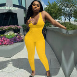 Ribbed Romper Jumpsuit Solid Color Sleeveless Deep U Neck Skinny Slim Tight Elastic Home Gym Casual