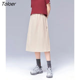 Women Skirts 2022 Summer A Line Elastic Waist Solid Apricot Pure Cotton Casual Basic Midi