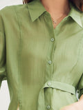 Fashion Women's Shirt Lapel Lace Up Waist Retraction Single Braested Long Sleeve Solid Color Blouse Summer 2023 New