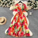 Summer Dress New Female High-End Feel Strapped Belt V Collar Horn Sleeves Thin Temperament Print Chiffon