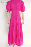 Casual Solid Dress For Women Stand Collar Short Puff Sleeve High Waist Patchwork Lace Long Dresses Female Fashion