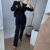 Notched Collar Double Breasted Playsuits Long Pants Chic Sashes Office OL High Waist Slim Retro Jumpsuit