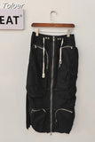 Fashion Women's Skirt New Elastic High Waist Zipper Big Pockets Loose Straight Brown Mid-calf Skirts Autumn 2023